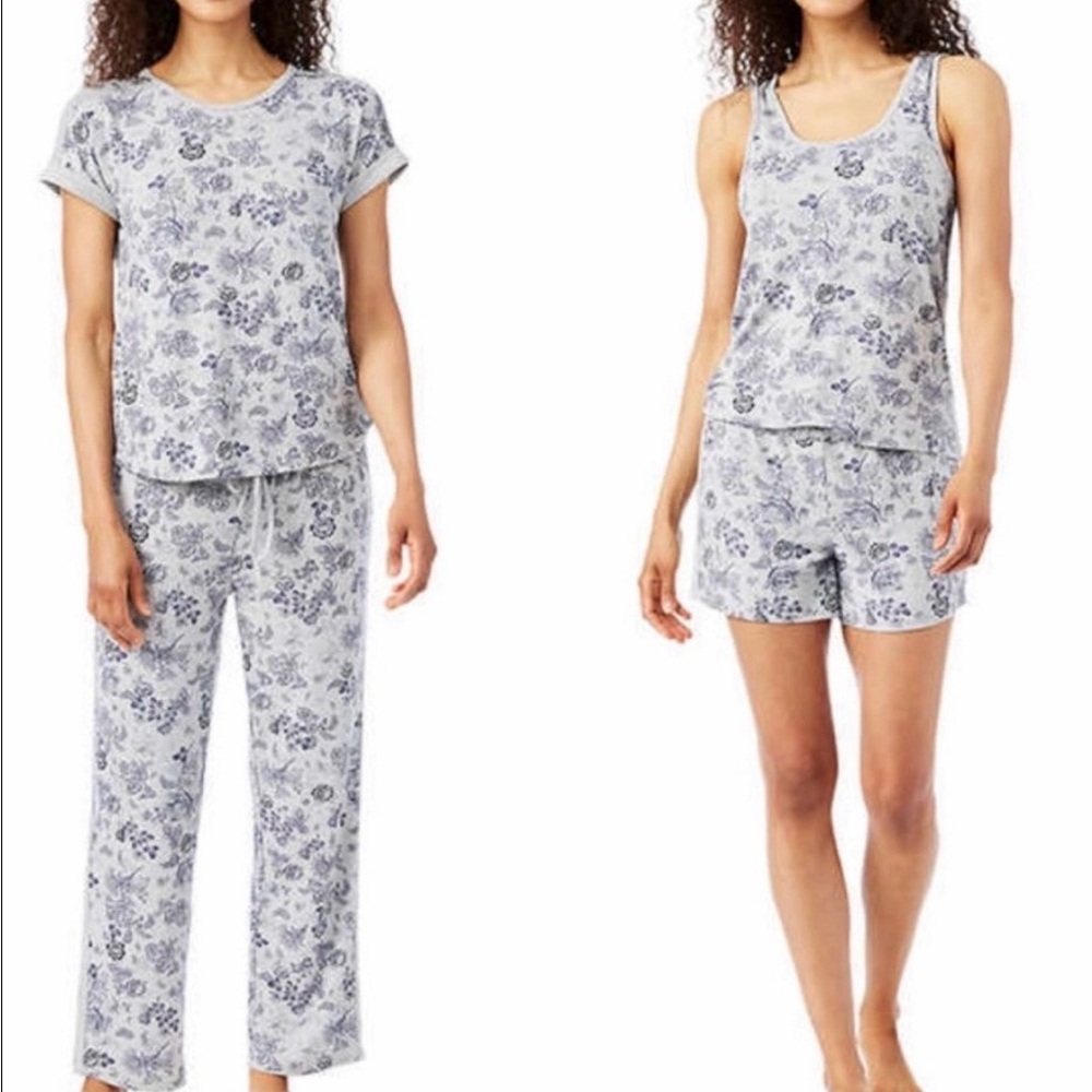 Lucky Brand Mini Denim Grey Floral 4pc Tank Tee Shorts Pant Pajama Set Sz M